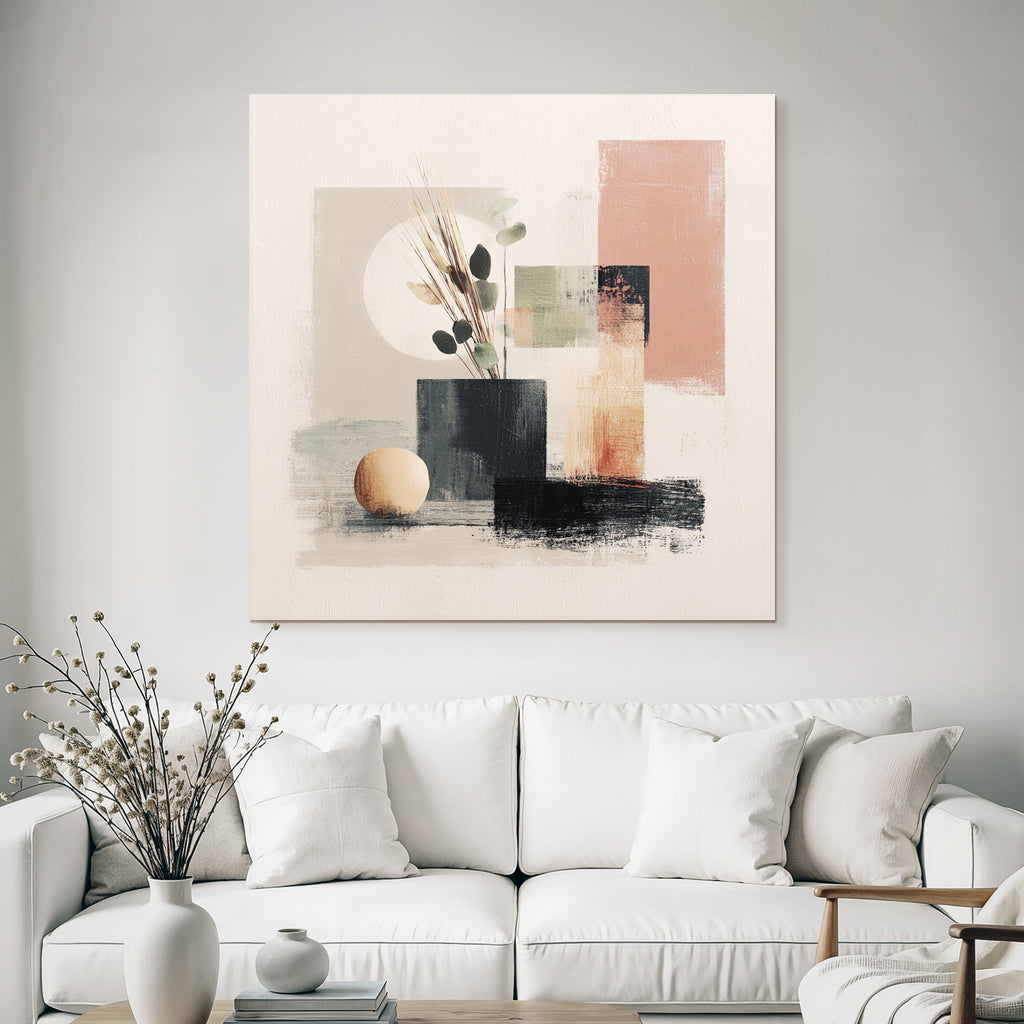 Abstract Artwork Vase Foliage Geometric Shapes Minimalistic Color Palette