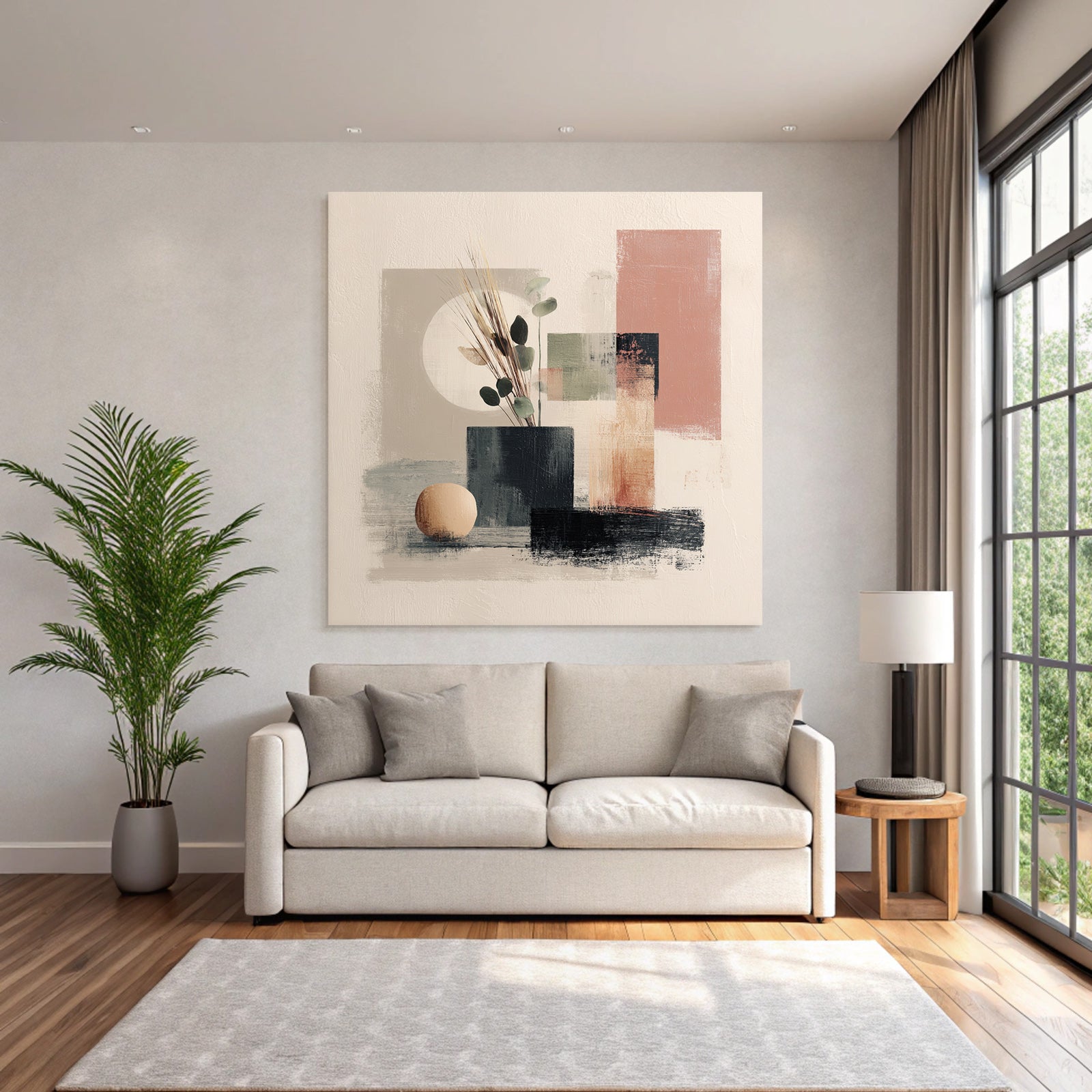 Abstract Artwork Vase Foliage Geometric Shapes Minimalistic Color Palette