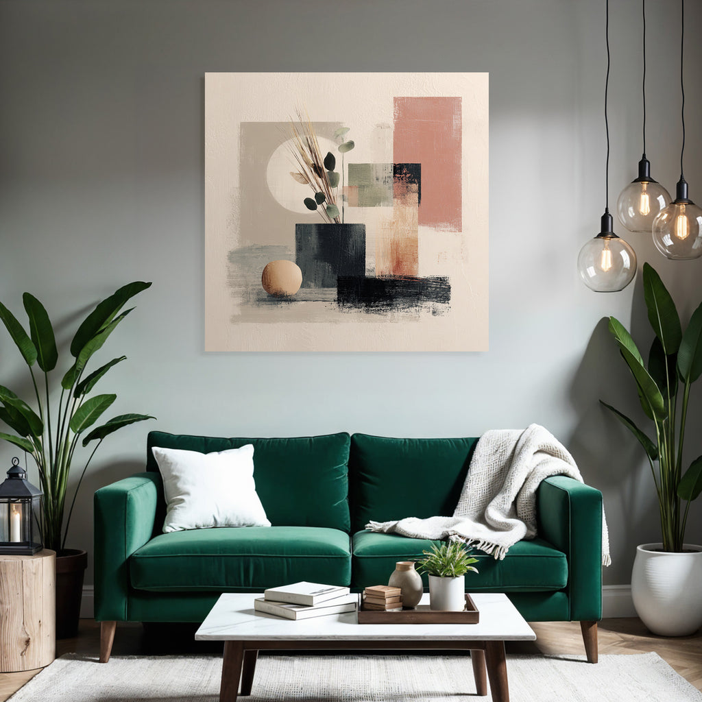 Abstract Artwork Vase Foliage Geometric Shapes Minimalistic Color Palette