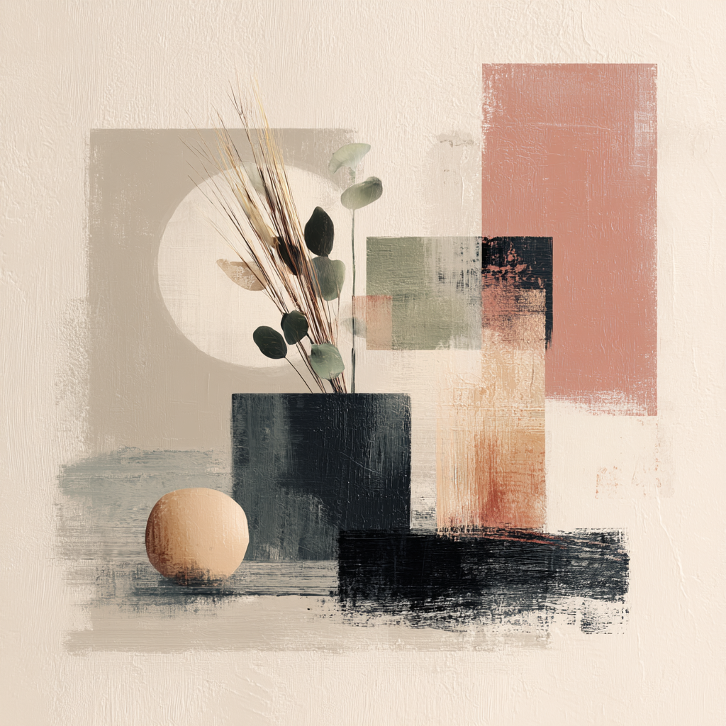 Abstract Artwork Vase Foliage Geometric Shapes Minimalistic Color Palette | Japandi | Einrichtungsstile