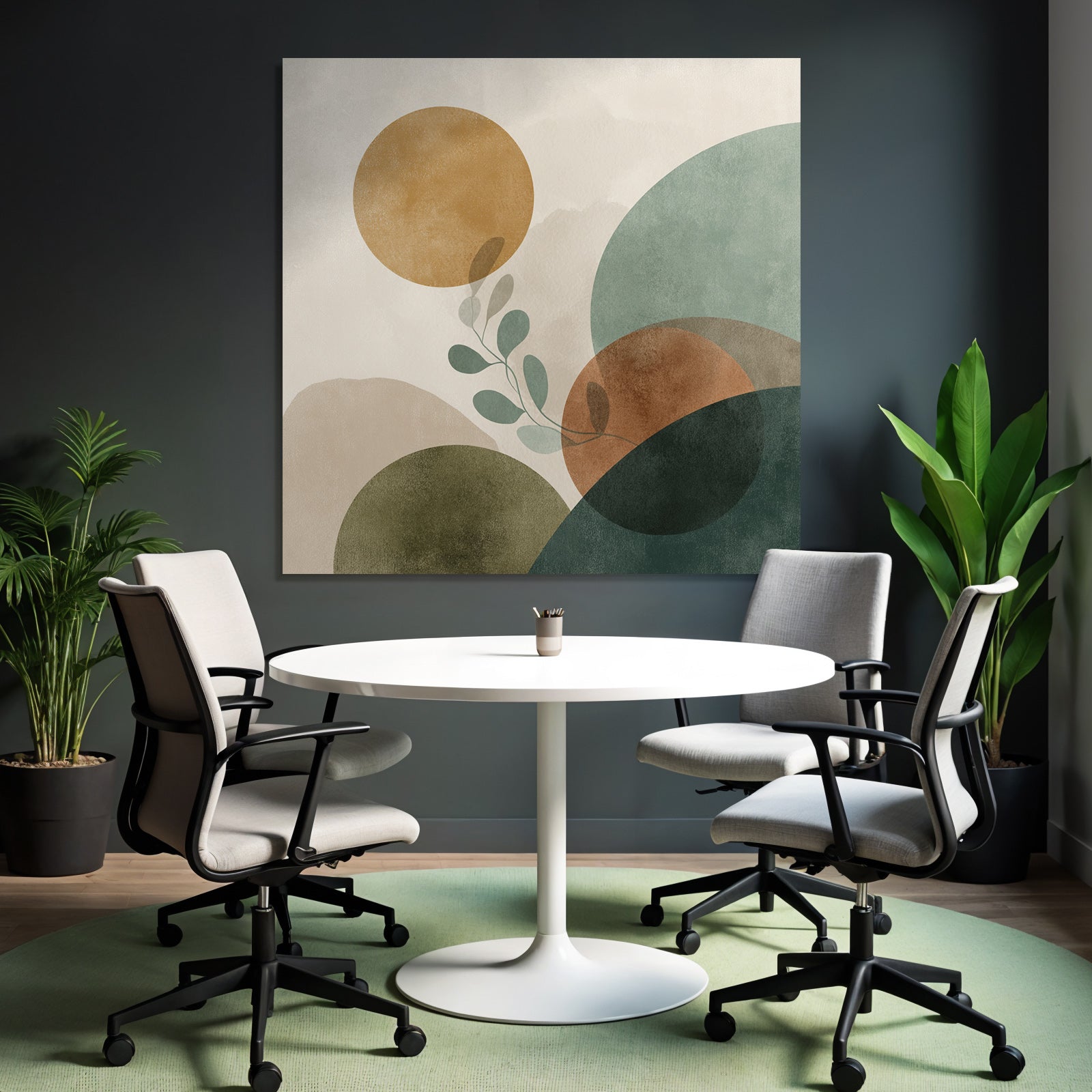 Abstract Composition With Circles Shapes And Leaf Motif Muted Colors Modern Graphic Art
