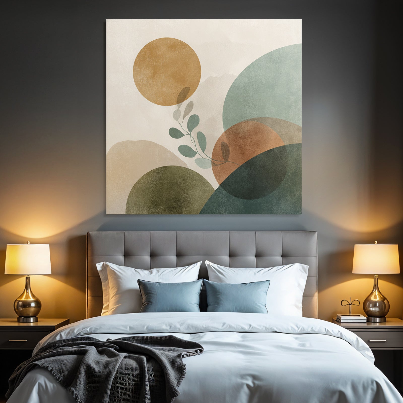 Abstract Composition With Circles Shapes And Leaf Motif Muted Colors Modern Graphic Art