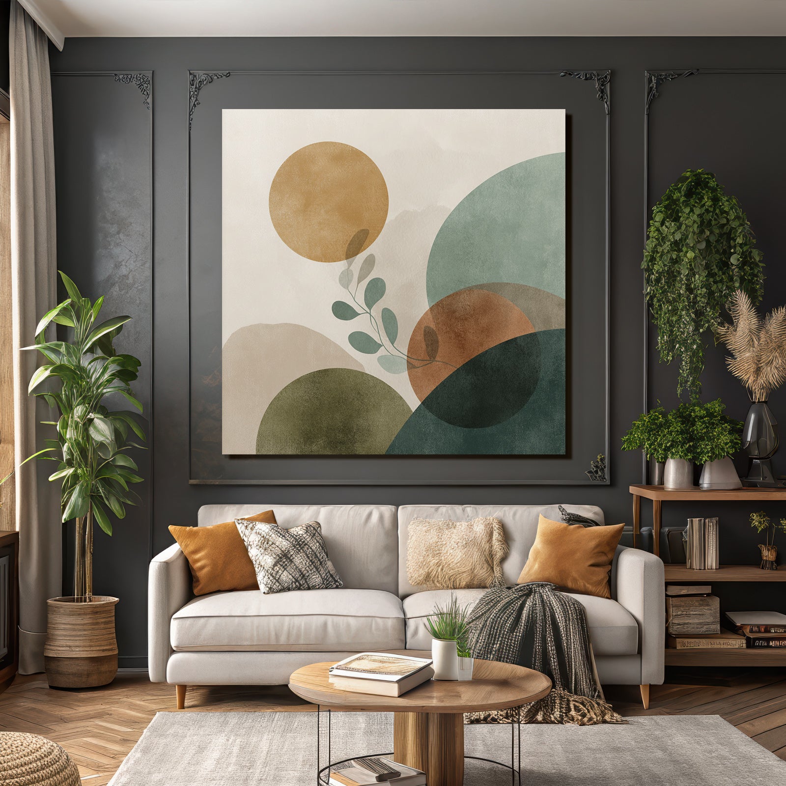 Abstract Composition With Circles Shapes And Leaf Motif Muted Colors Modern Graphic Art