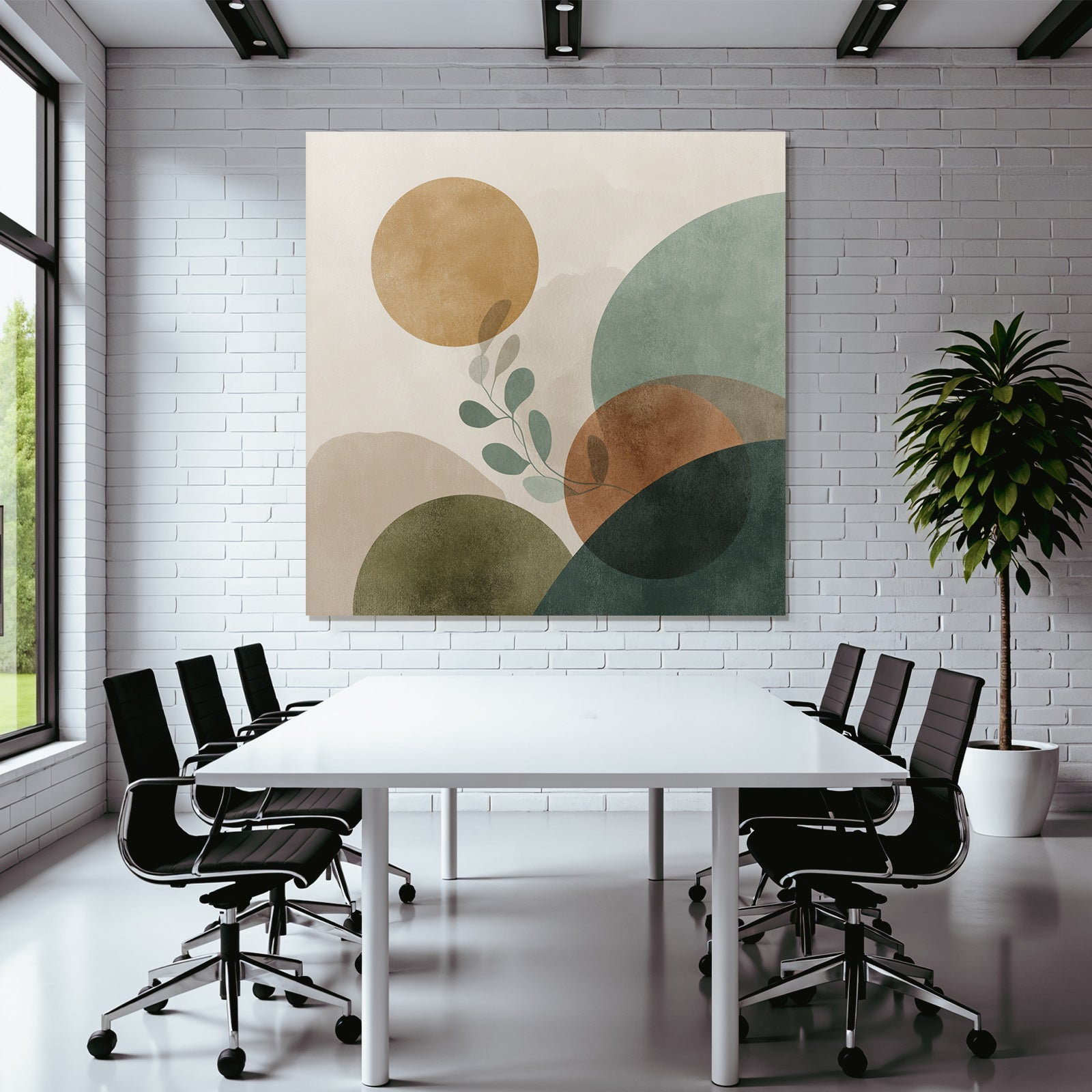 Abstract Composition With Circles Shapes And Leaf Motif Muted Colors Modern Graphic Art