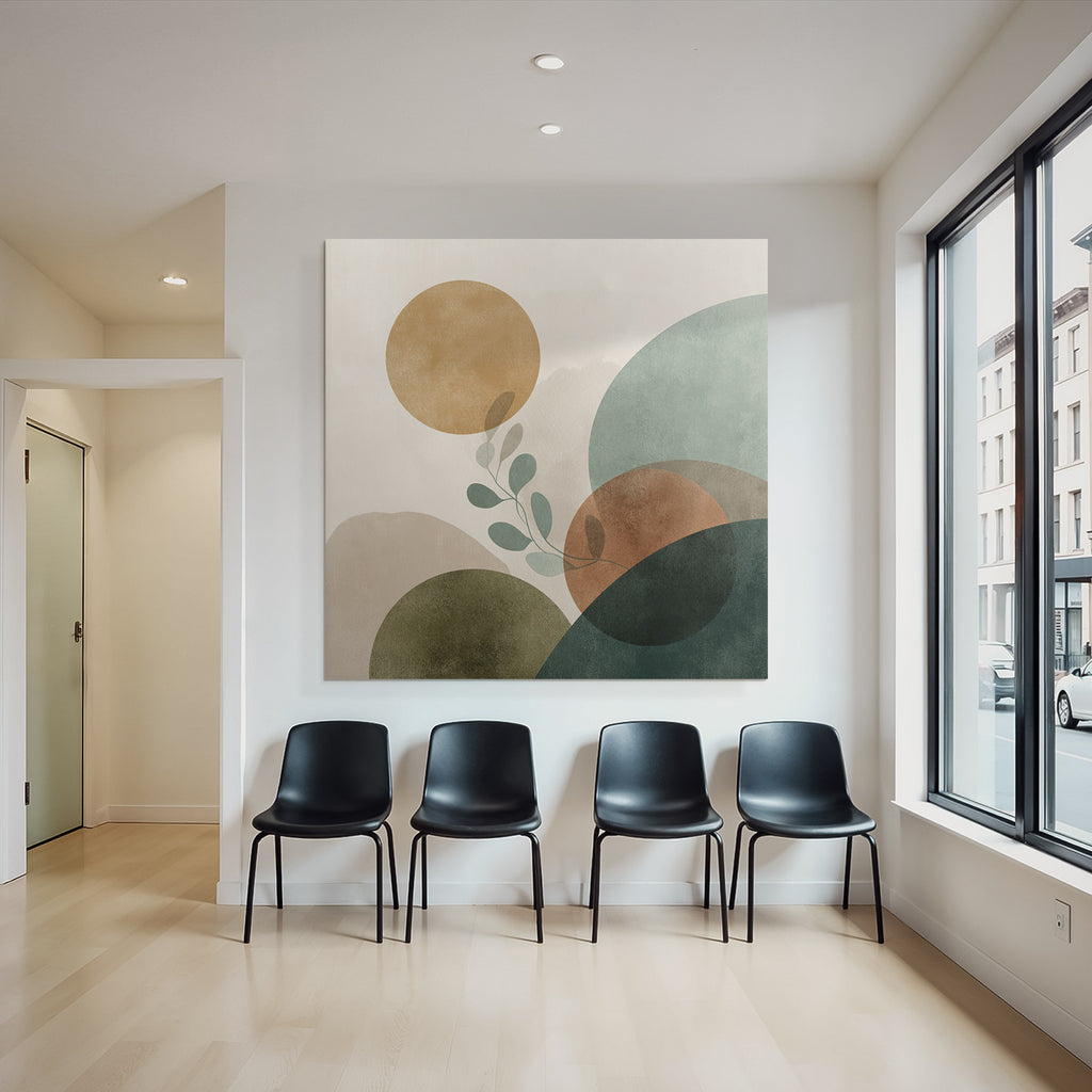 Abstract Composition With Circles Shapes And Leaf Motif Muted Colors Modern Graphic Art