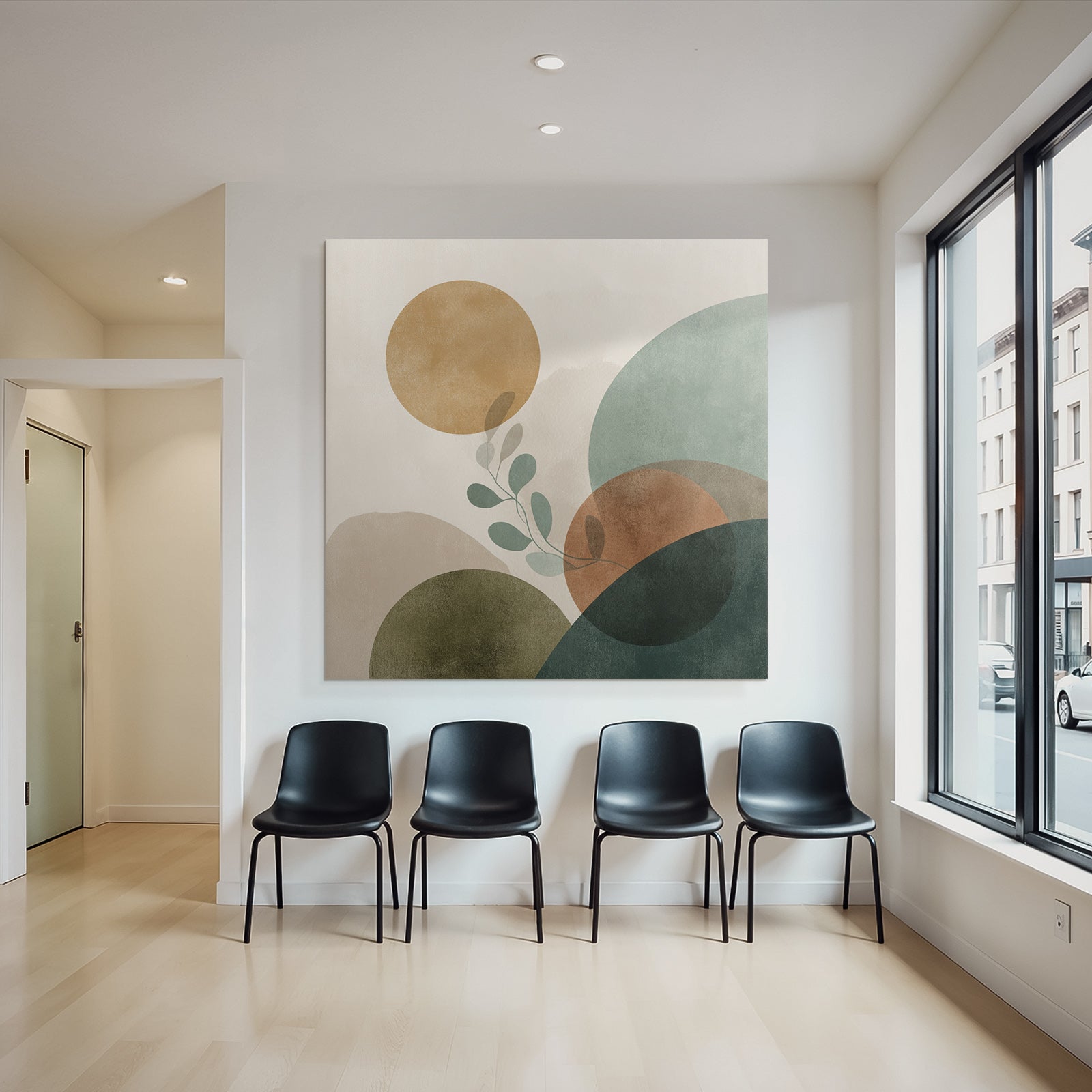 Abstract Composition With Circles Shapes And Leaf Motif Muted Colors Modern Graphic Art