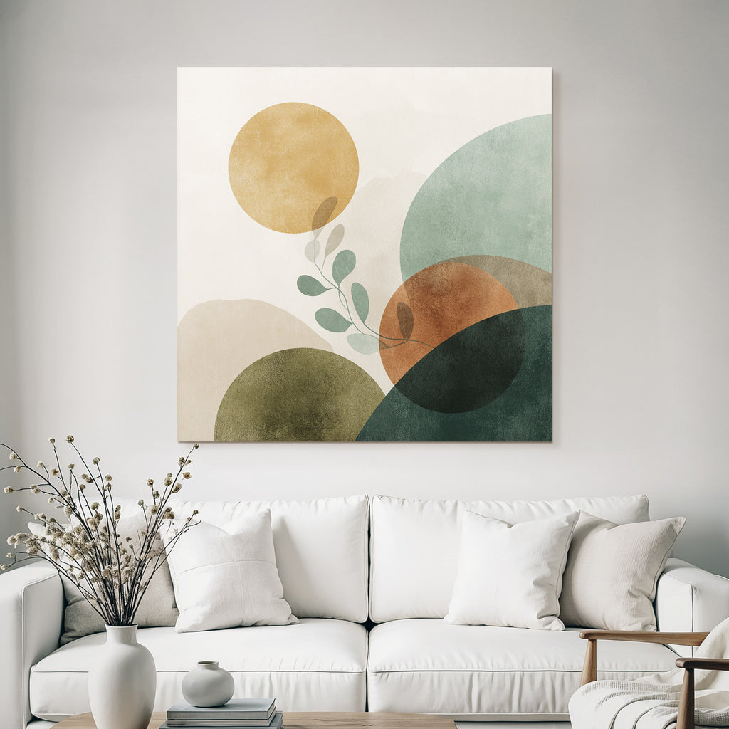 Abstract Composition With Circles Shapes And Leaf Motif Muted Colors Modern Graphic Art