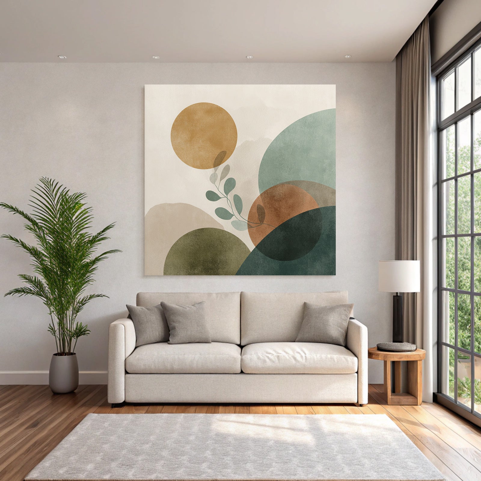 Abstract Composition With Circles Shapes And Leaf Motif Muted Colors Modern Graphic Art