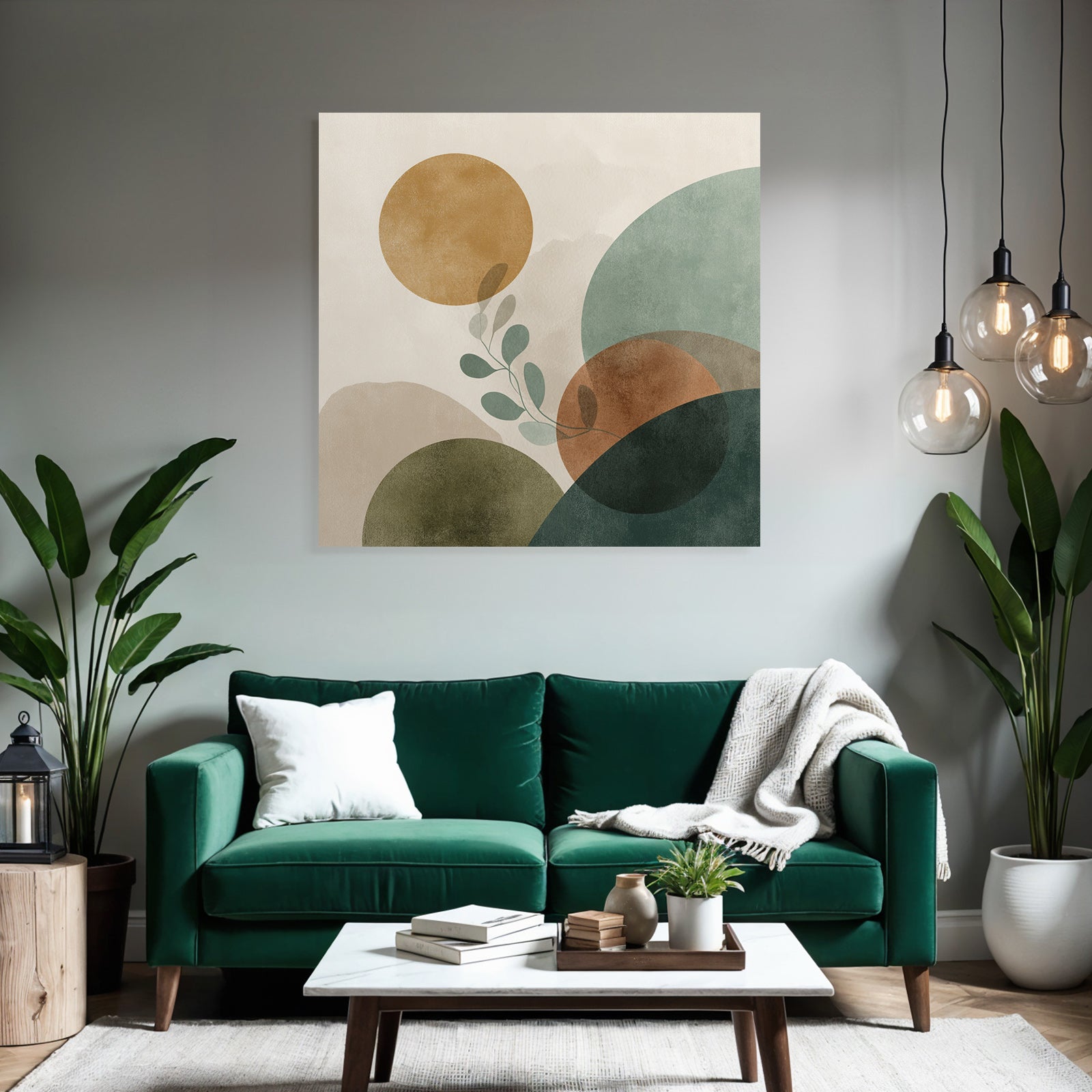 Abstract Composition With Circles Shapes And Leaf Motif Muted Colors Modern Graphic Art