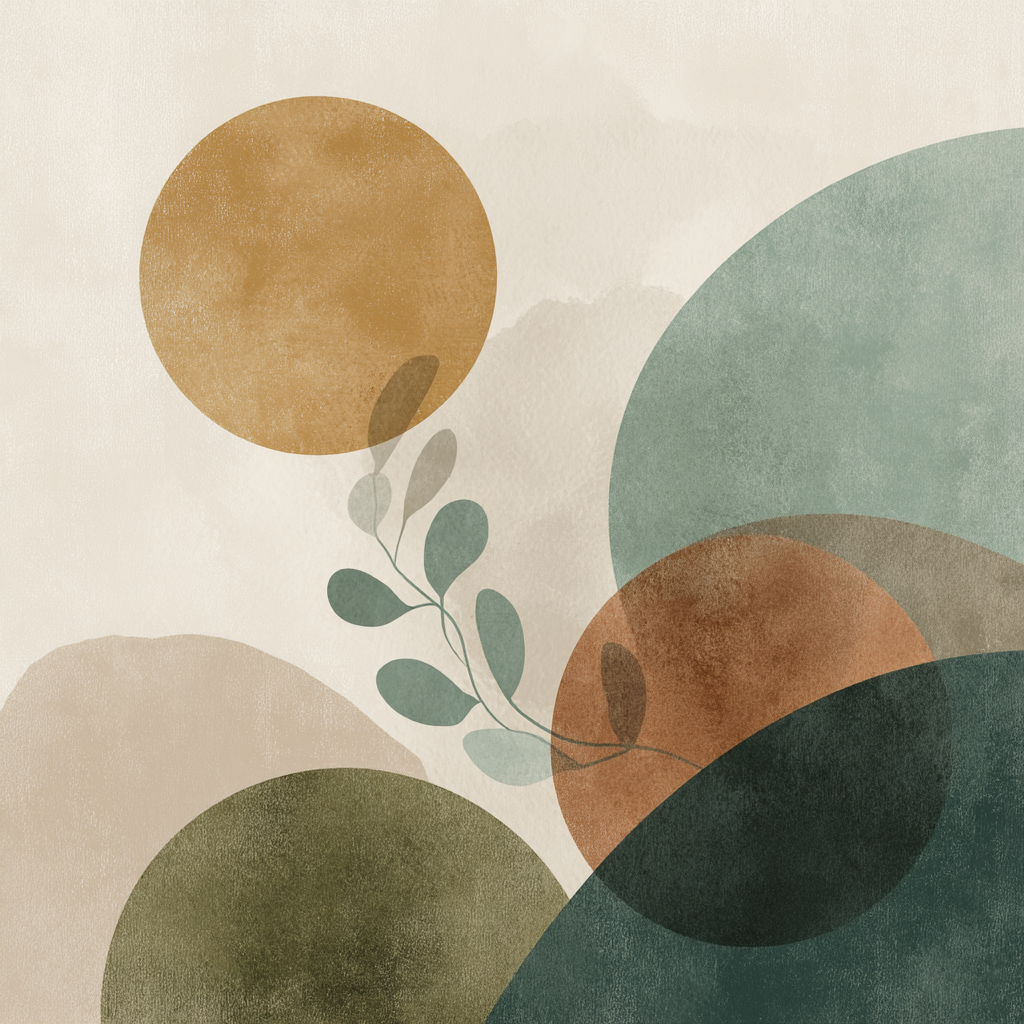 Abstract Composition With Circles Shapes And Leaf Motif Muted Colors Modern Graphic Art | Japandi | Einrichtungsstile