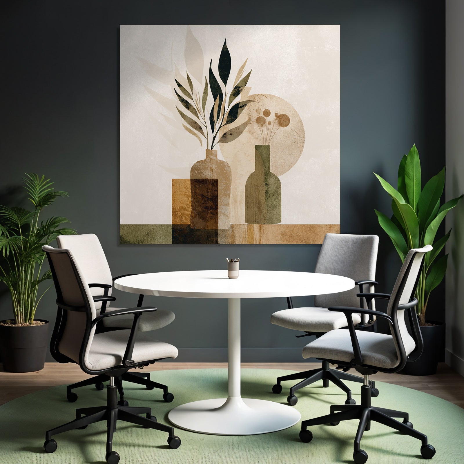 Abstract Illustration Decorative Vases Leaves Flowers Earthy Tones Geometric Shapes