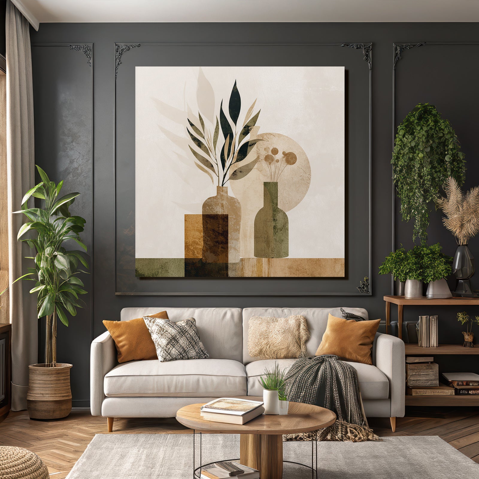 Abstract Illustration Decorative Vases Leaves Flowers Earthy Tones Geometric Shapes
