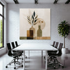 Abstract Illustration Decorative Vases Leaves Flowers Earthy Tones Geometric Shapes