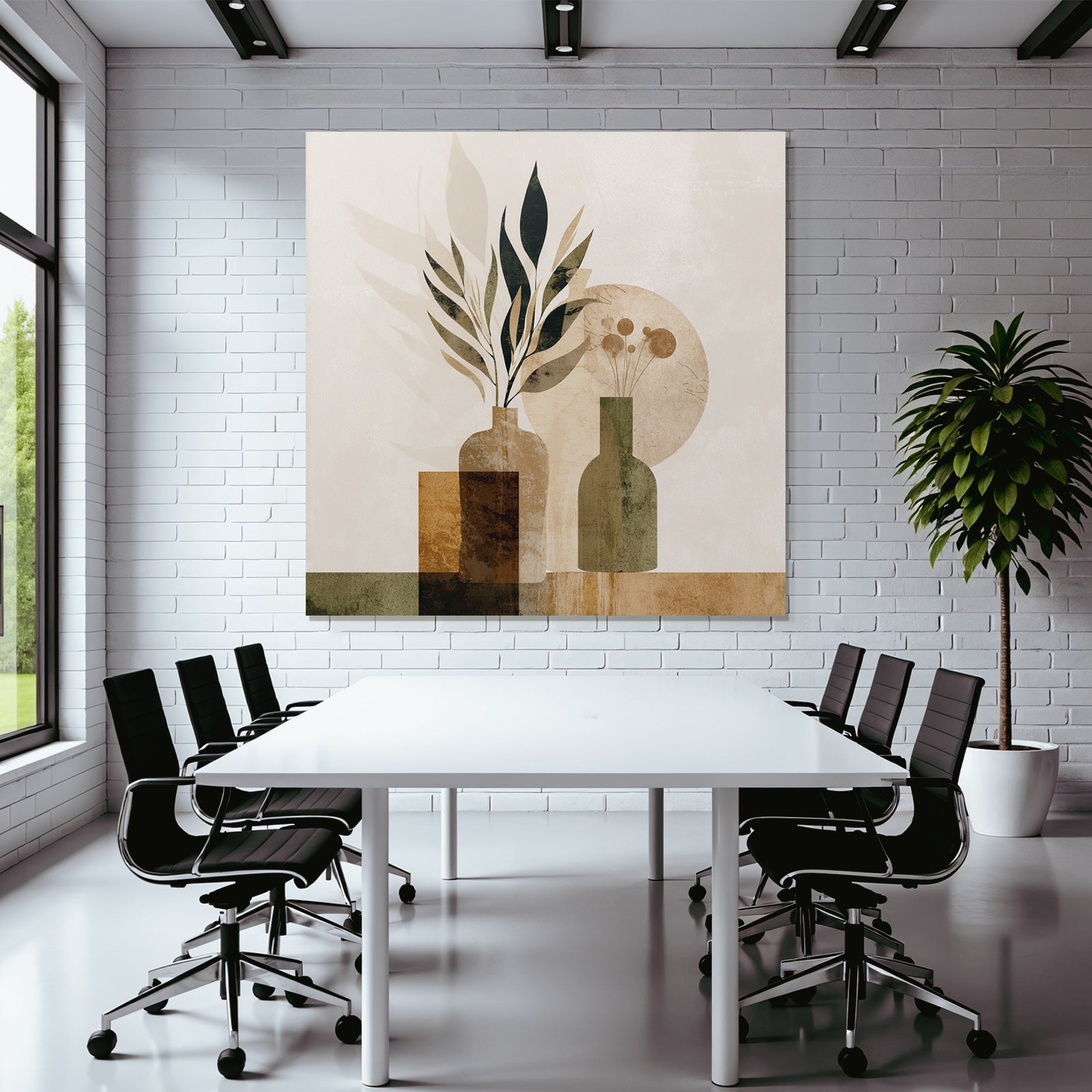 Abstract Illustration Decorative Vases Leaves Flowers Earthy Tones Geometric Shapes