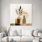 Abstract Illustration Decorative Vases Leaves Flowers Earthy Tones Geometric Shapes
