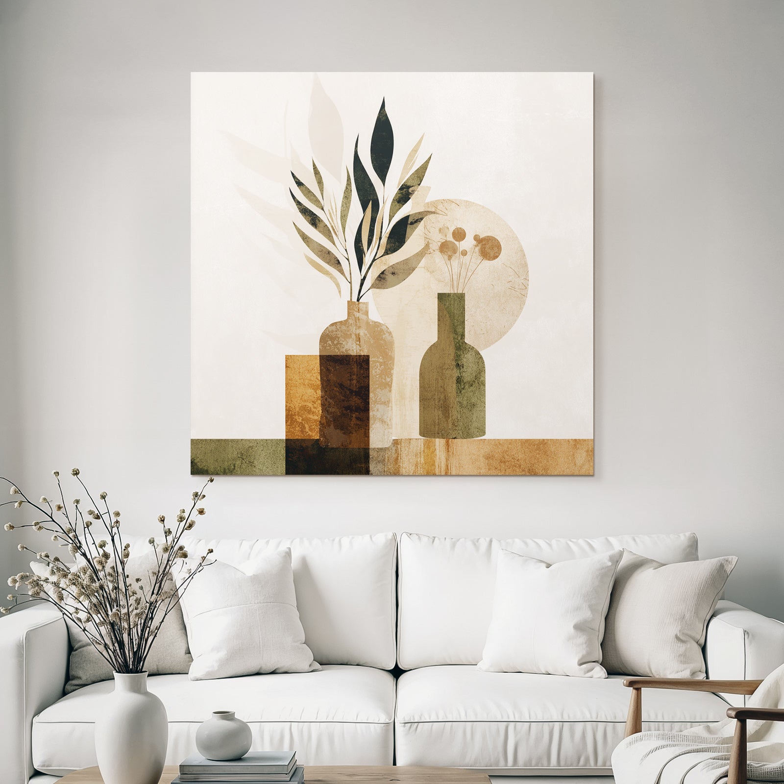 Abstract Illustration Decorative Vases Leaves Flowers Earthy Tones Geometric Shapes