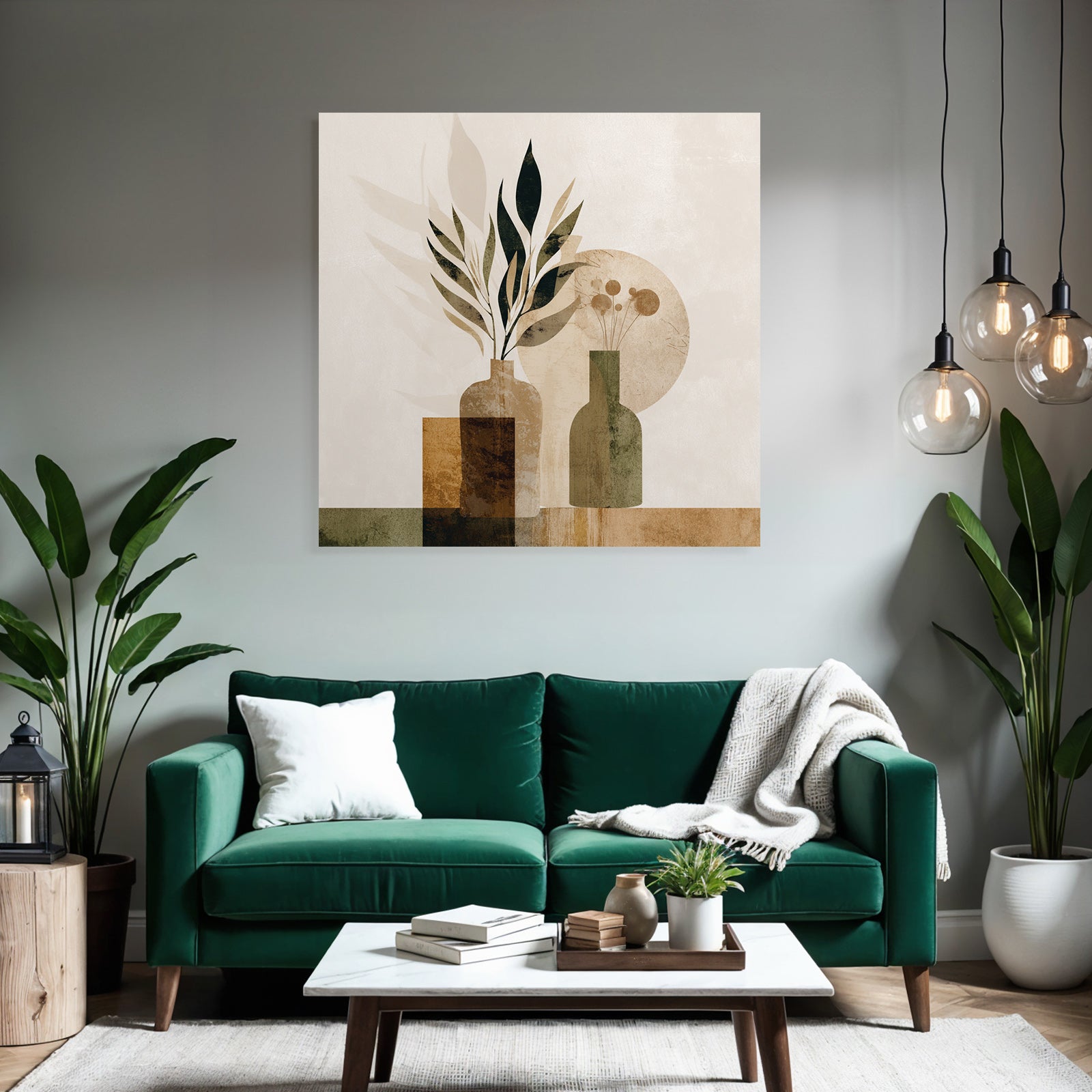 Abstract Illustration Decorative Vases Leaves Flowers Earthy Tones Geometric Shapes