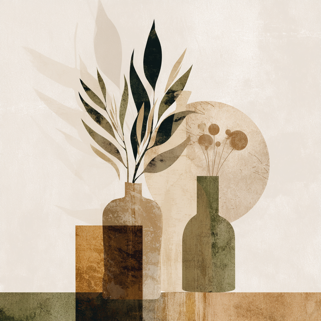 Abstract Illustration Decorative Vases Leaves Flowers Earthy Tones Geometric Shapes | Japandi | Einrichtungsstile