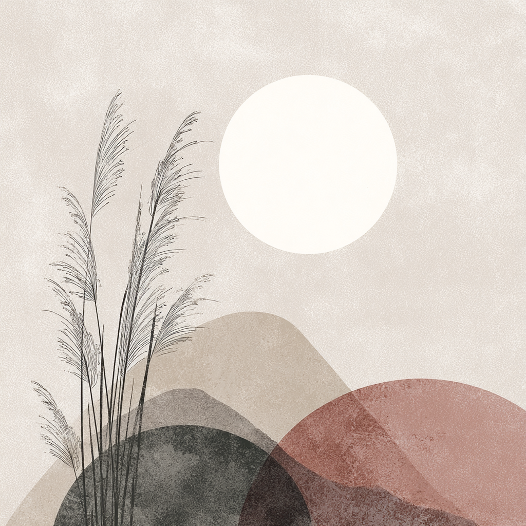 Abstract Illustration Of Natural Elements With Grass And Sun Shapes In Soft Color | Japandi | Einrichtungsstile