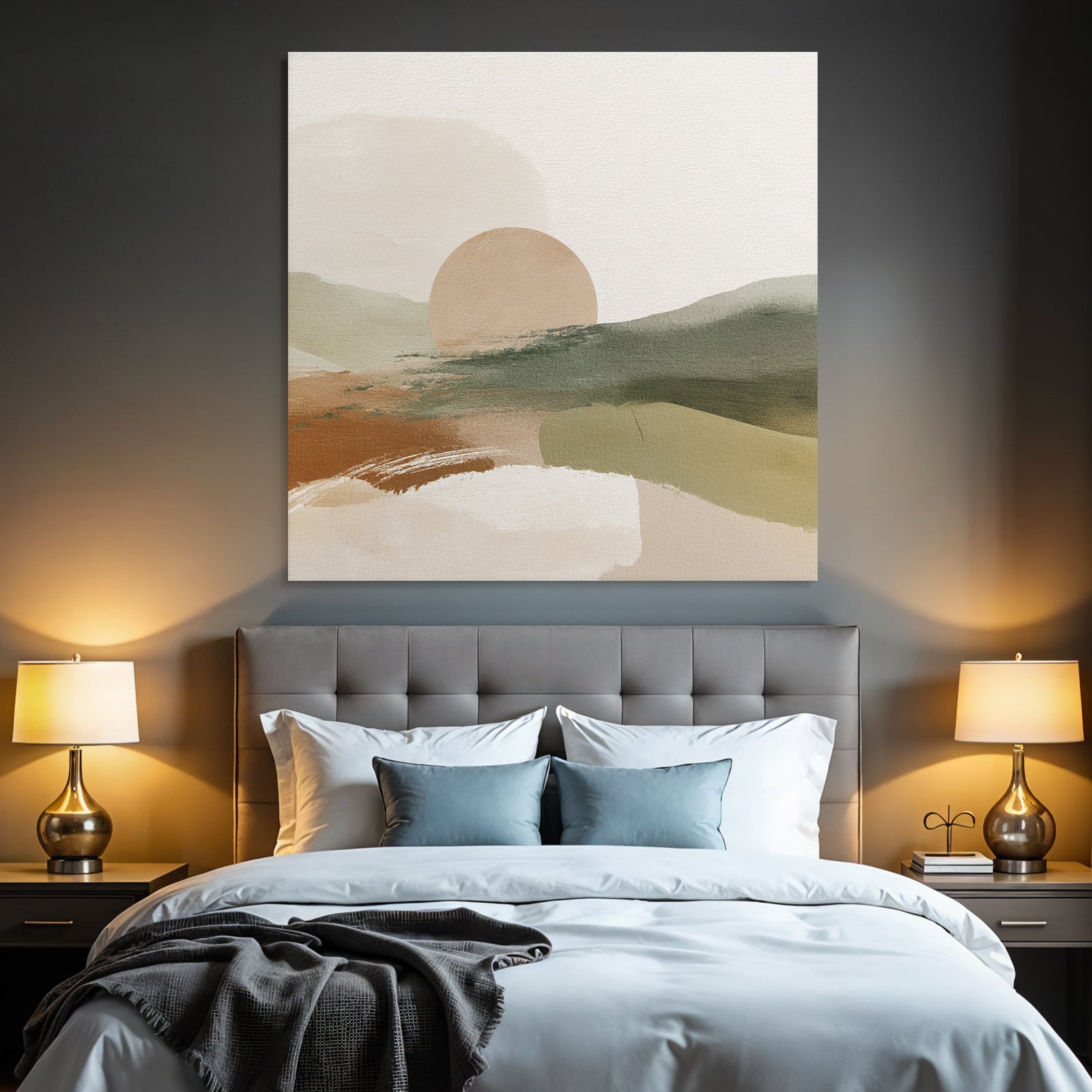 Abstract Landscape Sun Earthy Tones Muted Greens Digital Artwork