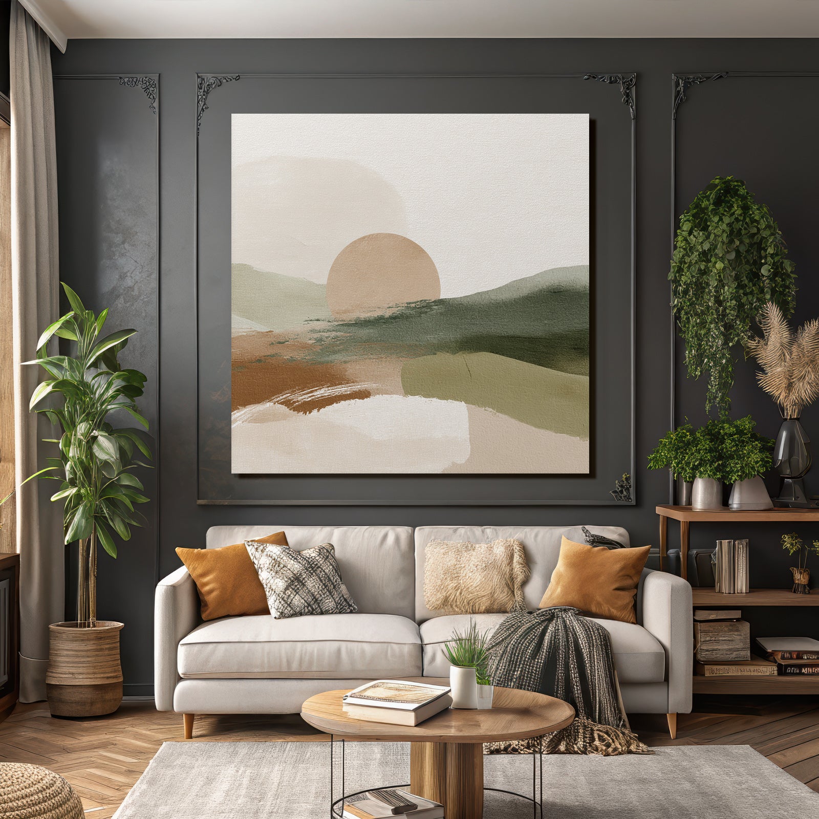 Abstract Landscape Sun Earthy Tones Muted Greens Digital Artwork