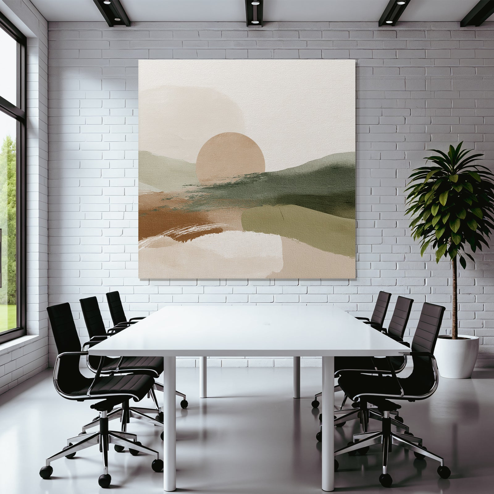 Abstract Landscape Sun Earthy Tones Muted Greens Digital Artwork