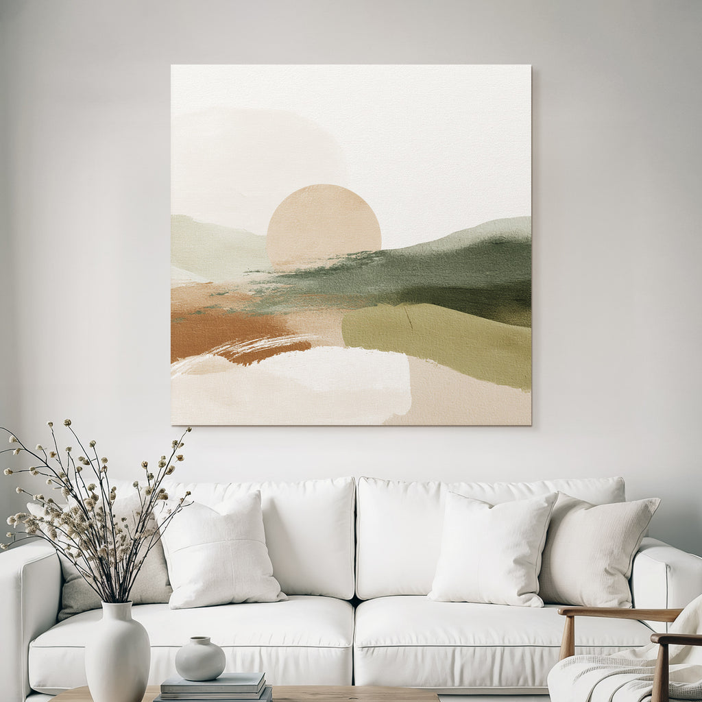 Abstract Landscape Sun Earthy Tones Muted Greens Digital Artwork