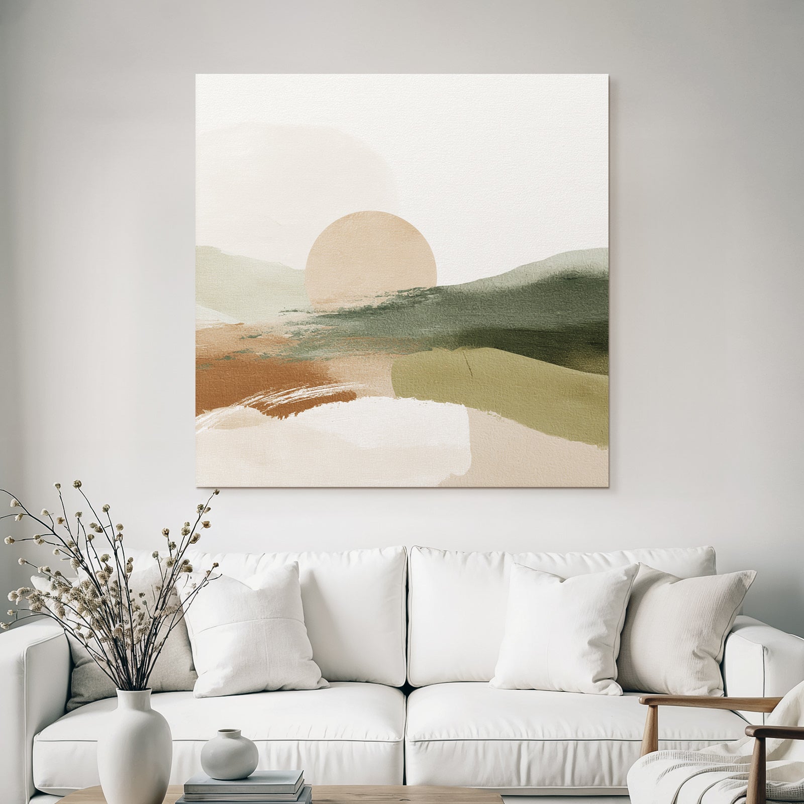 Abstract Landscape Sun Earthy Tones Muted Greens Digital Artwork