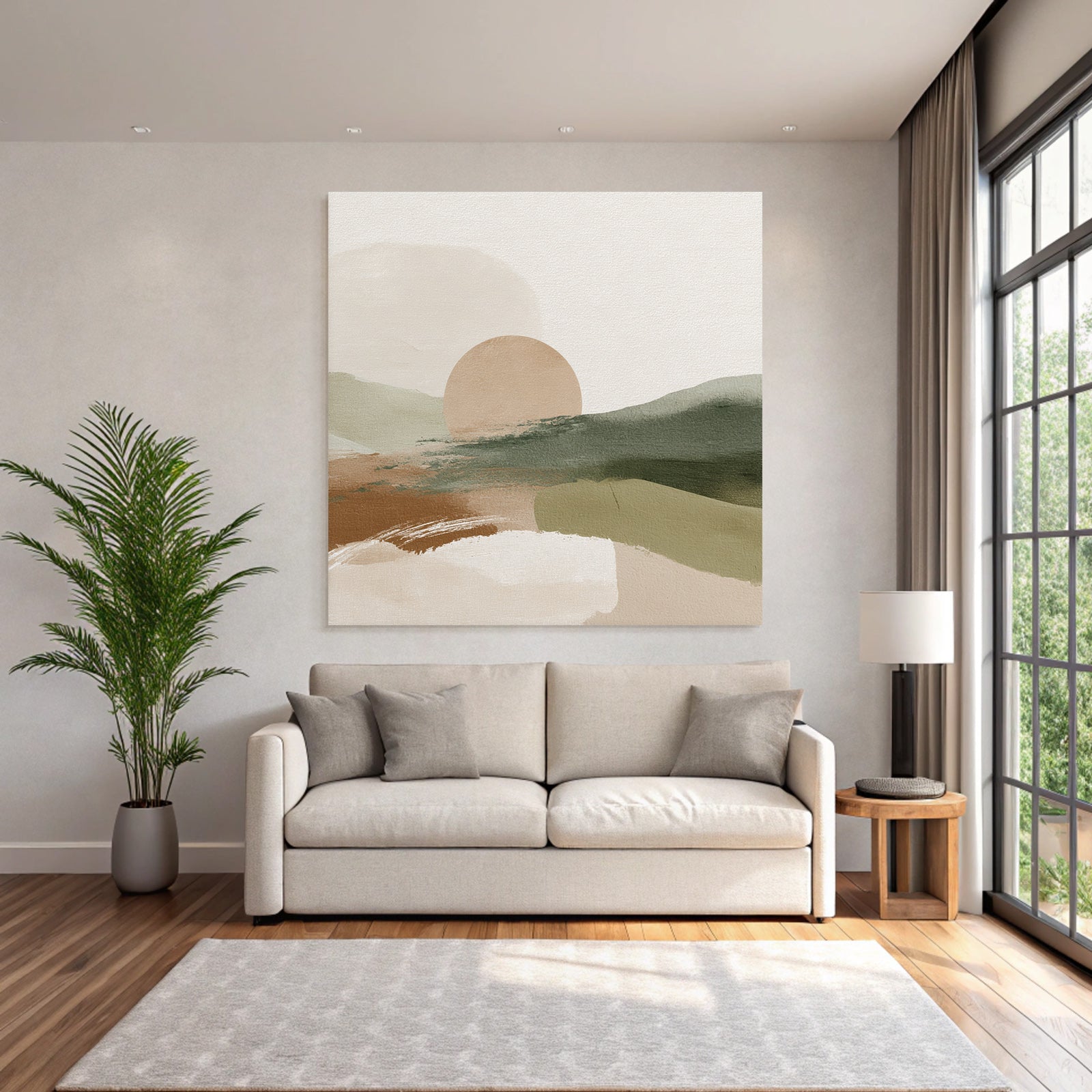 Abstract Landscape Sun Earthy Tones Muted Greens Digital Artwork