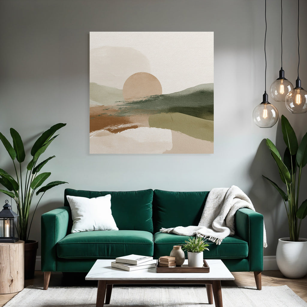 Abstract Landscape Sun Earthy Tones Muted Greens Digital Artwork