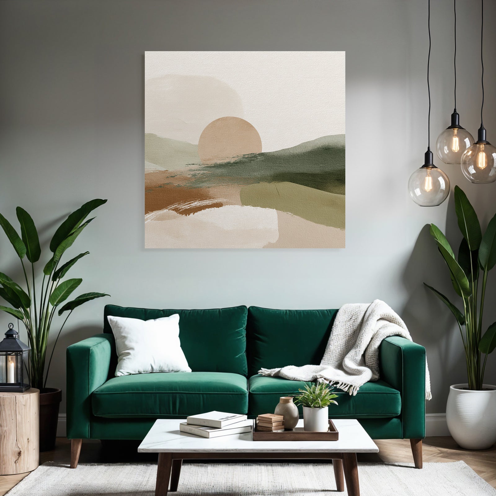 Abstract Landscape Sun Earthy Tones Muted Greens Digital Artwork