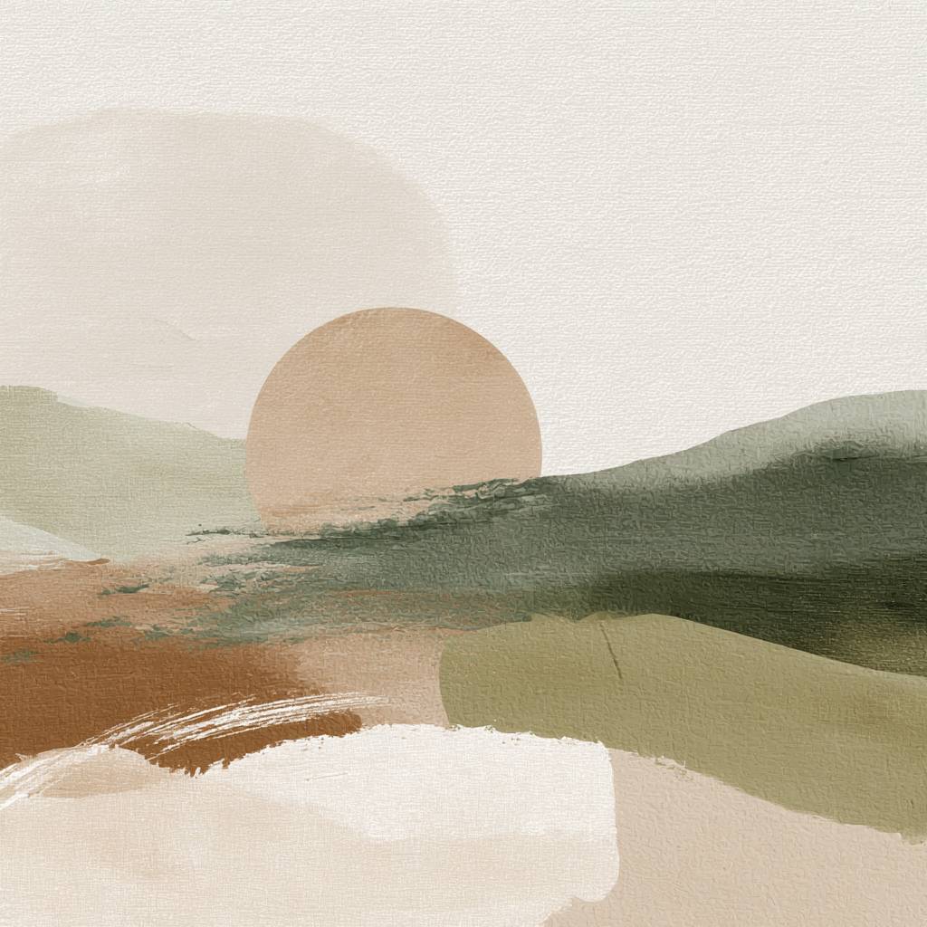 Abstract Landscape Sun Earthy Tones Muted Greens Digital Artwork | Japandi | Einrichtungsstile