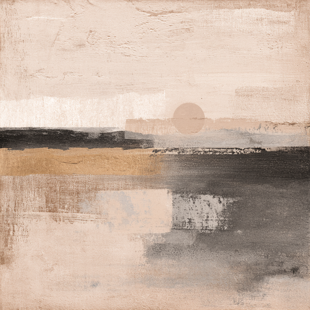 Abstract Painting Beige Gray Earthy Tones Horizon Circular Sun Element | Japandi | Einrichtungsstile