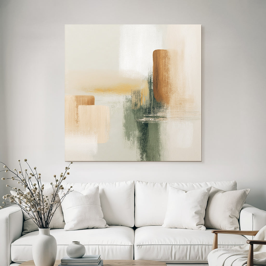 Abstract Painting Soft Muted Colors Beige Brown Green Layered Effect