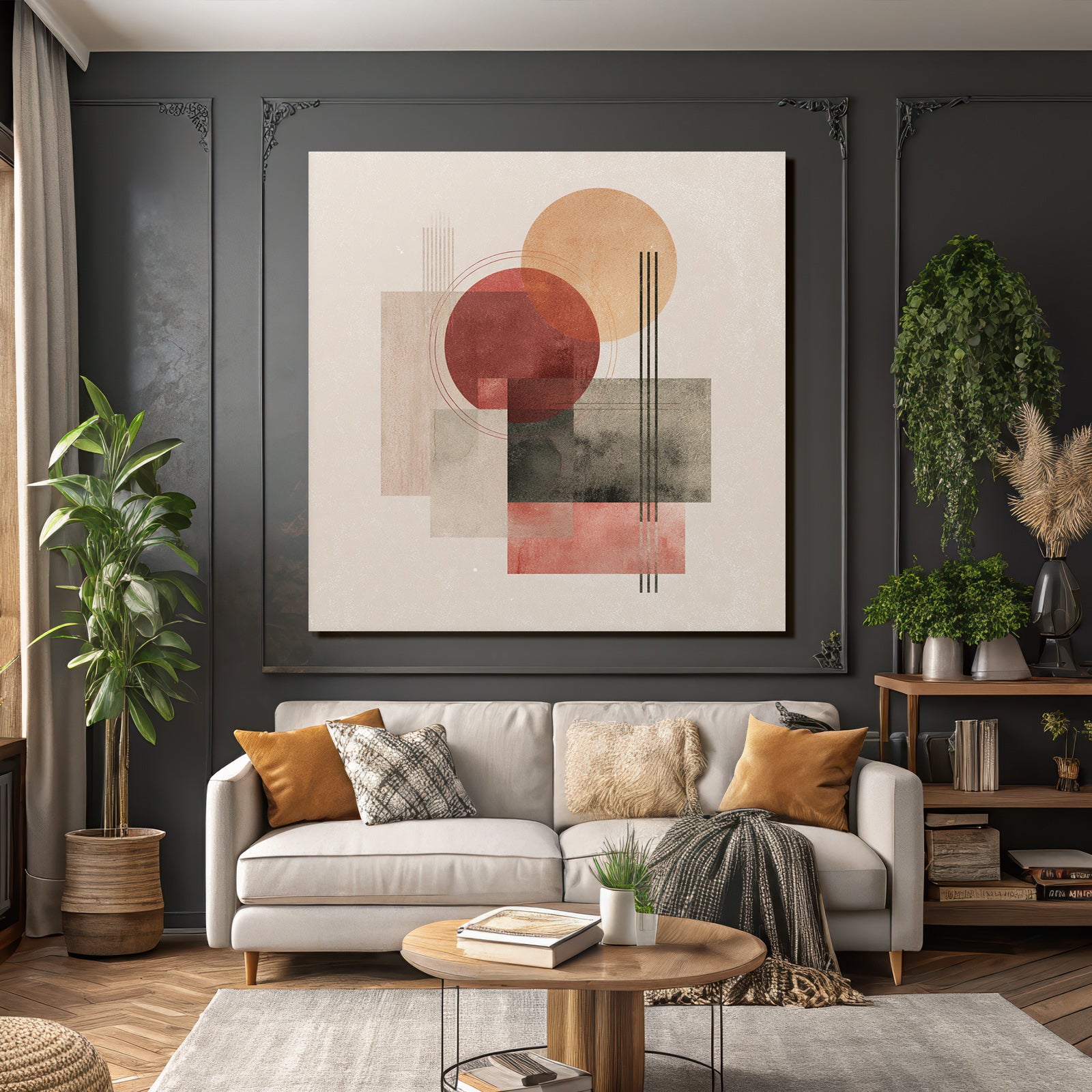Abstract composition Geometric shapes Circles Rectangles Muted colors