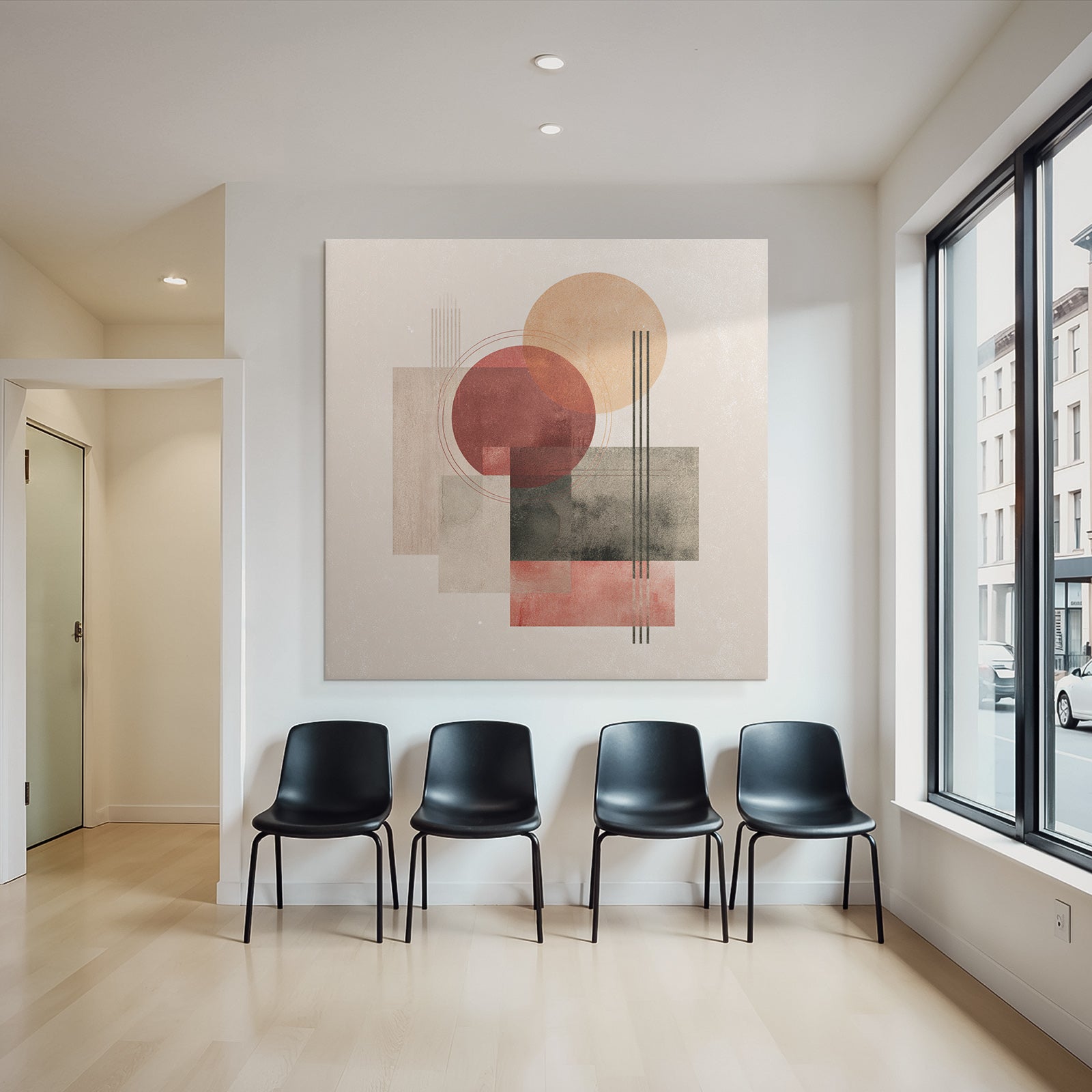 Abstract composition Geometric shapes Circles Rectangles Muted colors