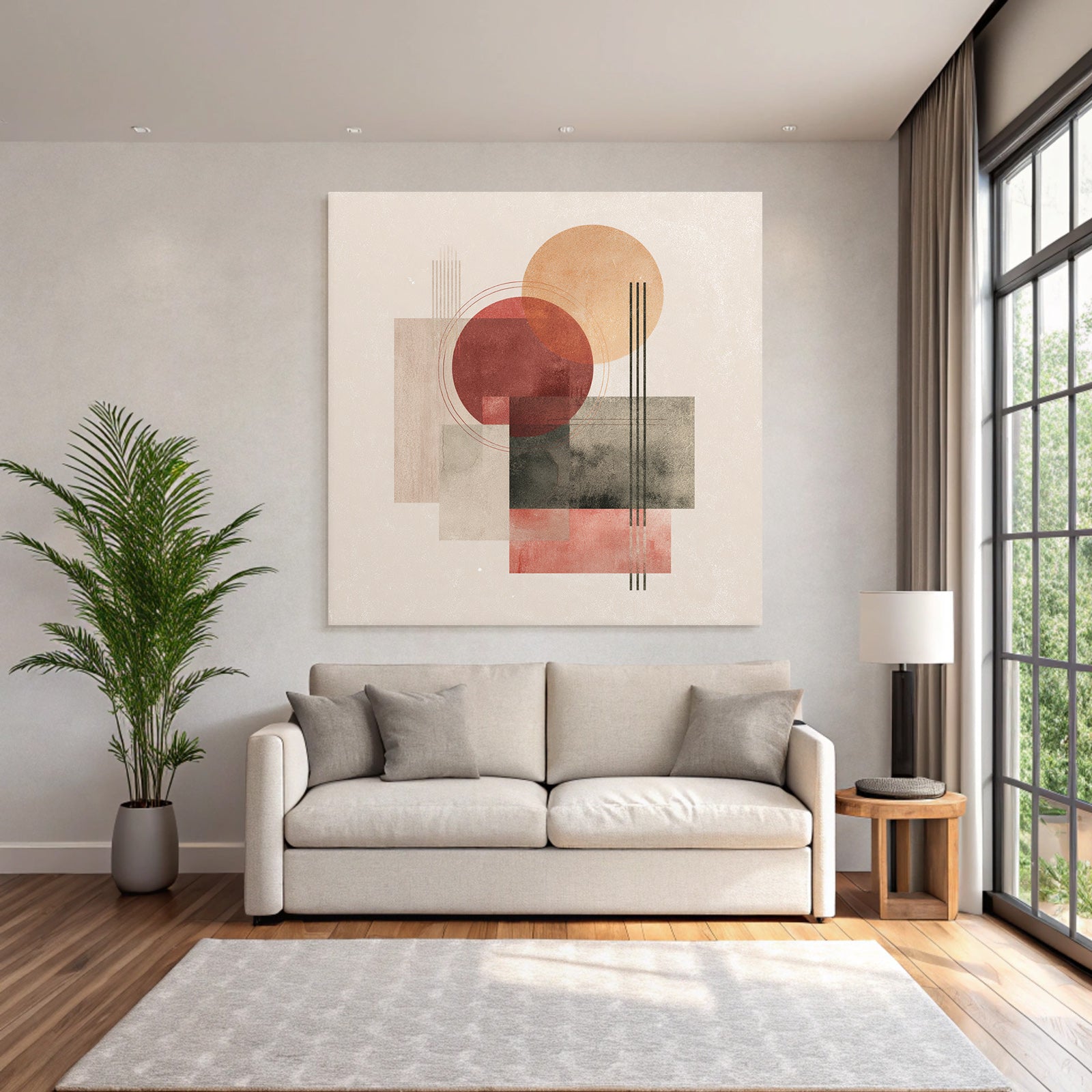 Abstract composition Geometric shapes Circles Rectangles Muted colors