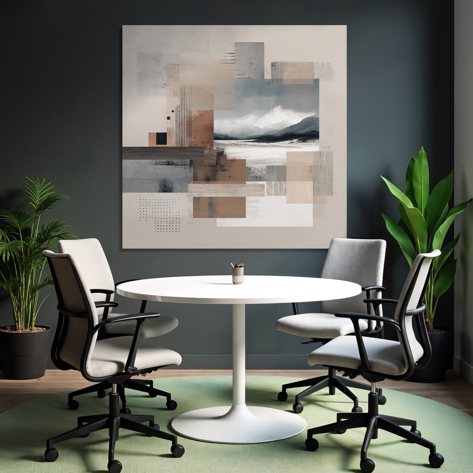 Abstract composition with textured squares and landscape elements in earthy tones