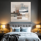 Abstract composition with textured squares and landscape elements in earthy tones