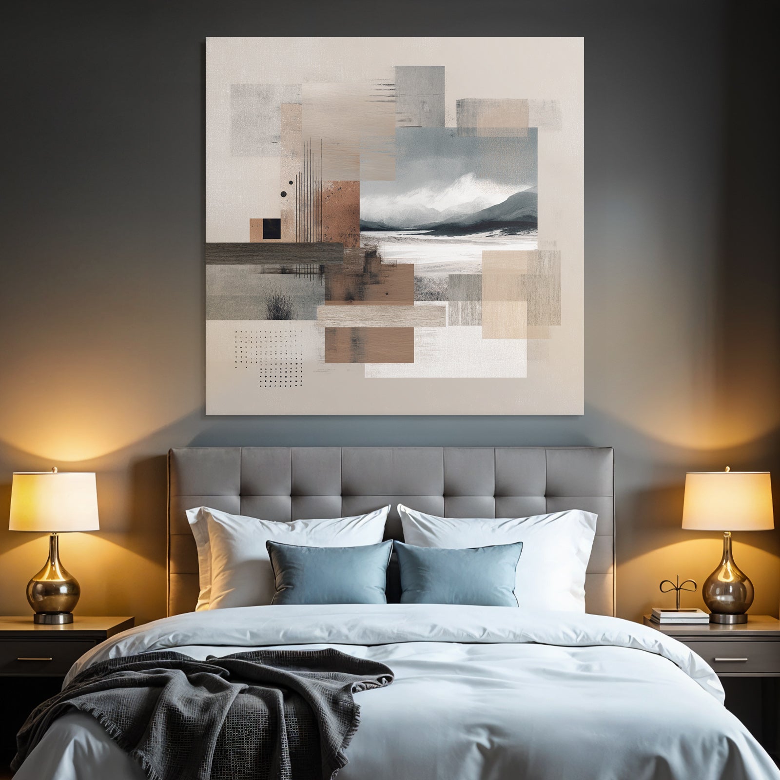 Abstract composition with textured squares and landscape elements in earthy tones