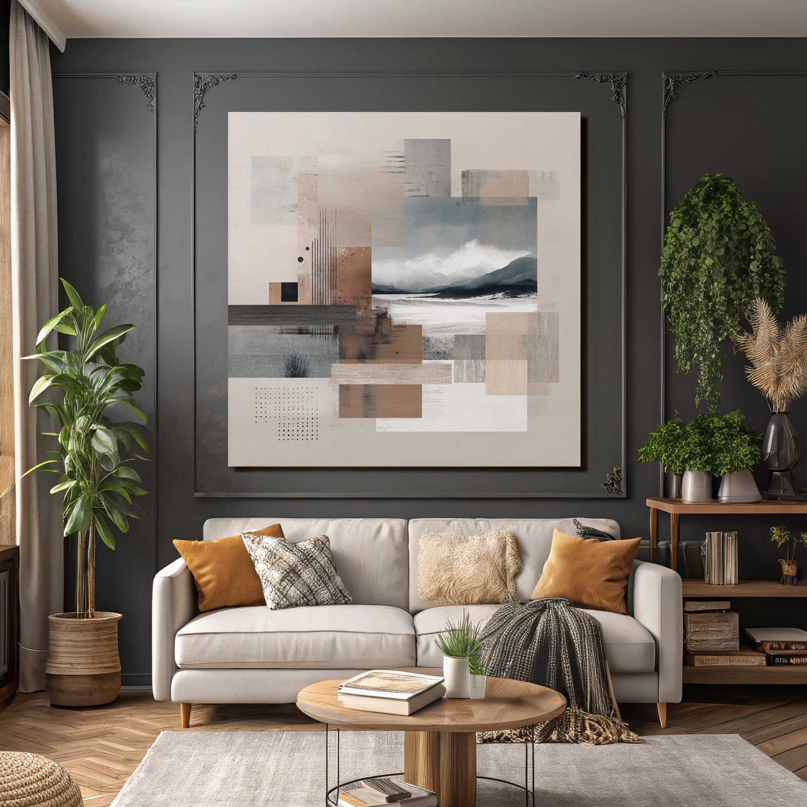 Abstract composition with textured squares and landscape elements in earthy tones