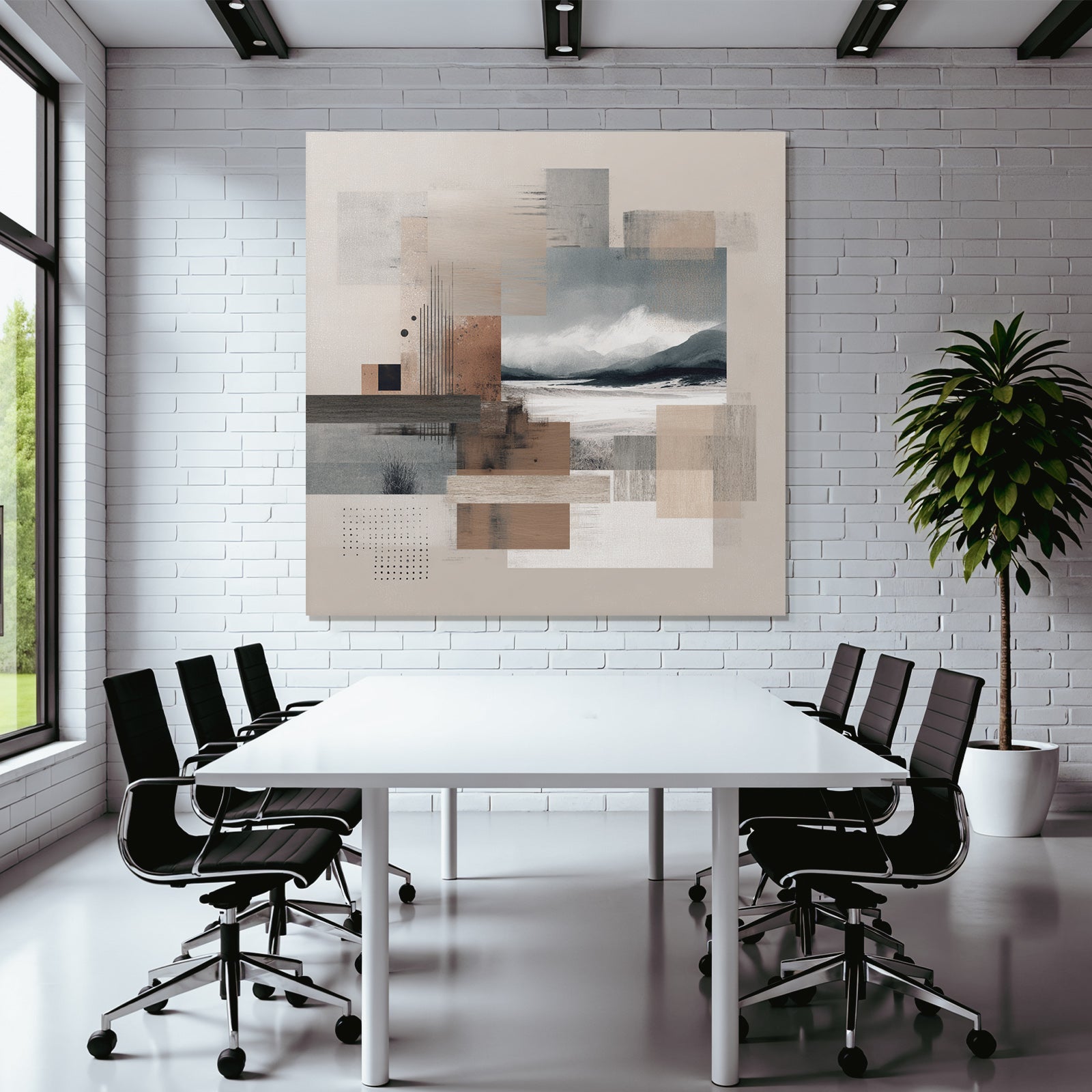 Abstract composition with textured squares and landscape elements in earthy tones