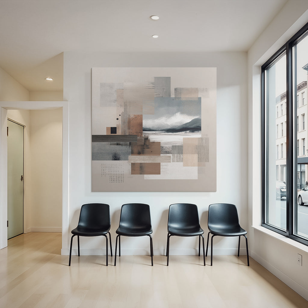 Abstract composition with textured squares and landscape elements in earthy tones