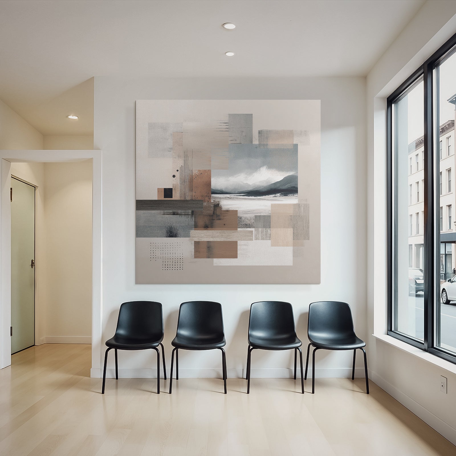 Abstract composition with textured squares and landscape elements in earthy tones