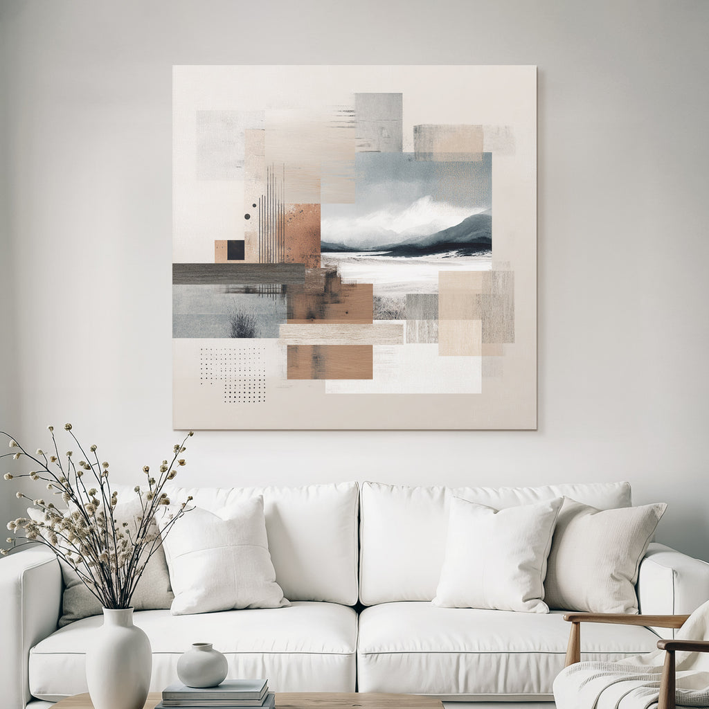 Abstract composition with textured squares and landscape elements in earthy tones