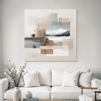 Abstract composition with textured squares and landscape elements in earthy tones