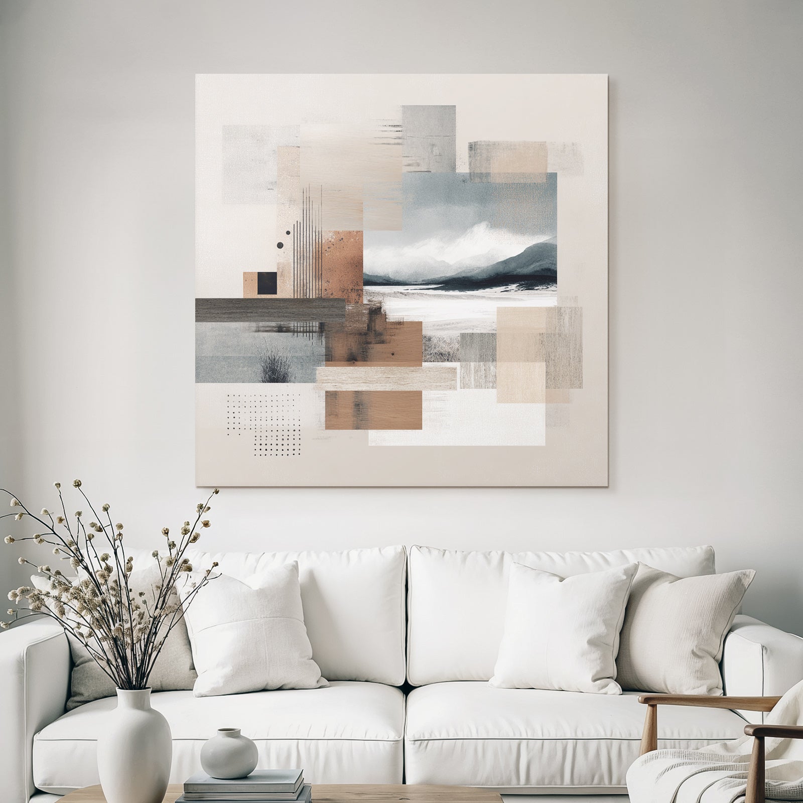 Abstract composition with textured squares and landscape elements in earthy tones
