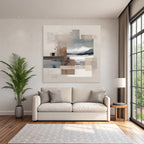 Abstract composition with textured squares and landscape elements in earthy tones