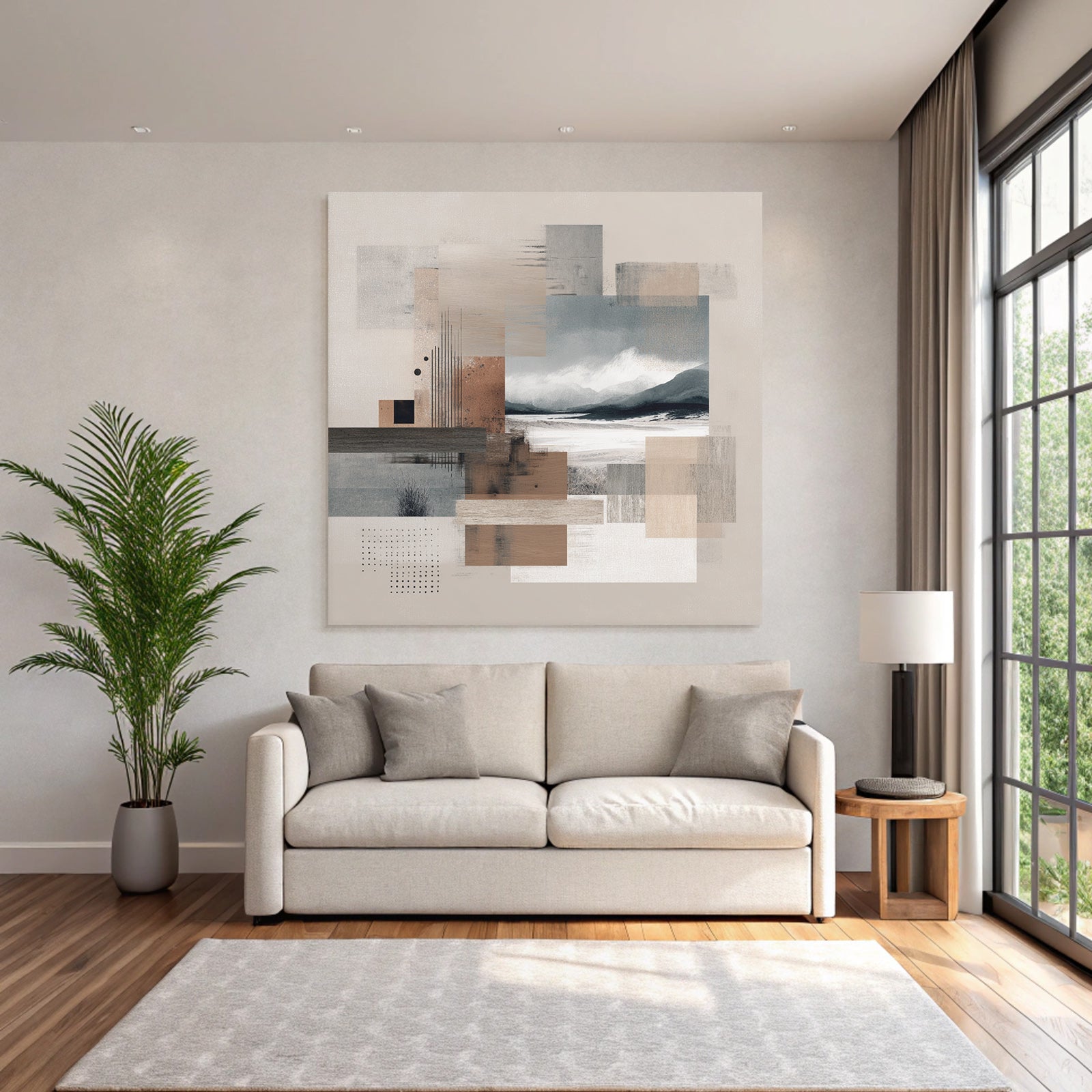 Abstract composition with textured squares and landscape elements in earthy tones
