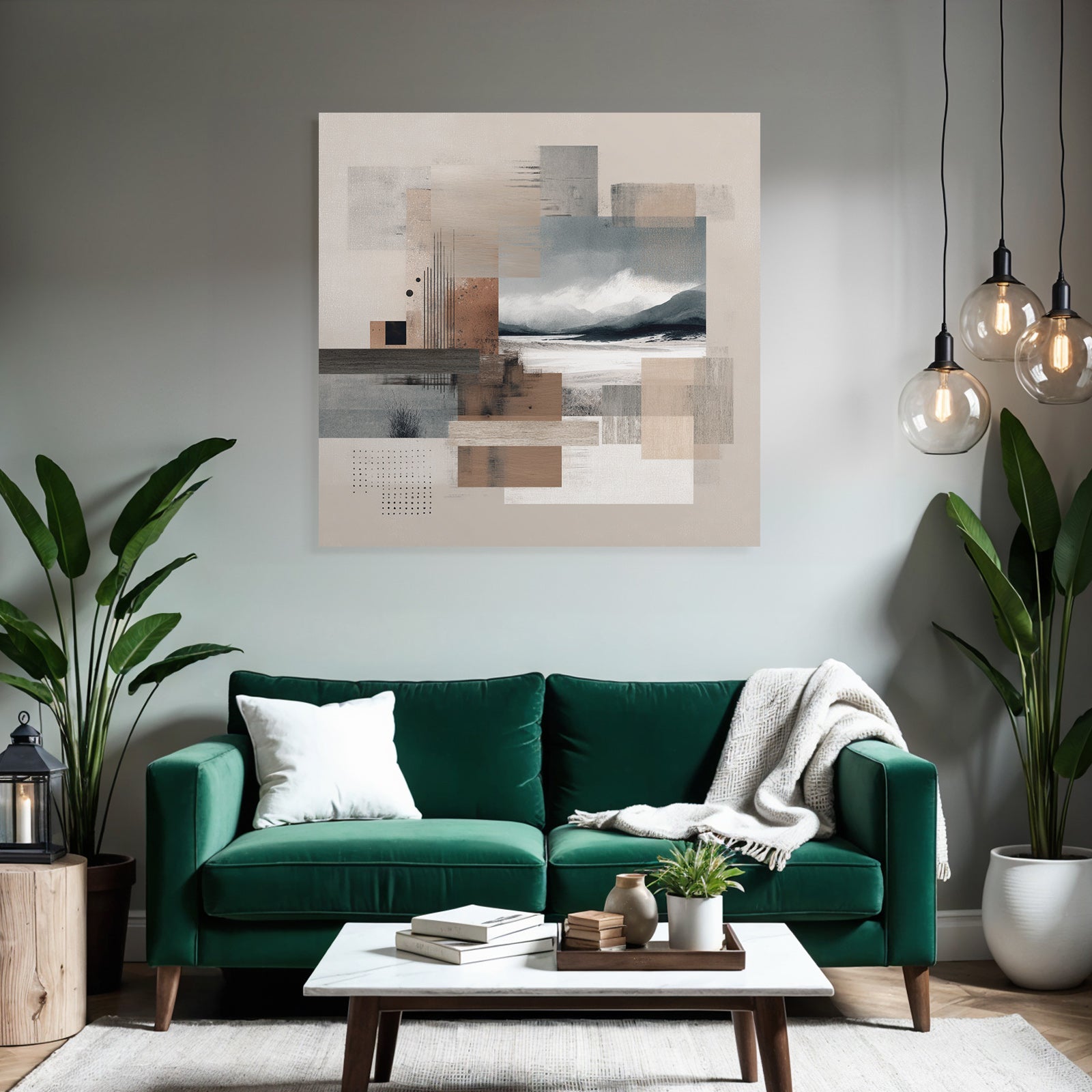 Abstract composition with textured squares and landscape elements in earthy tones